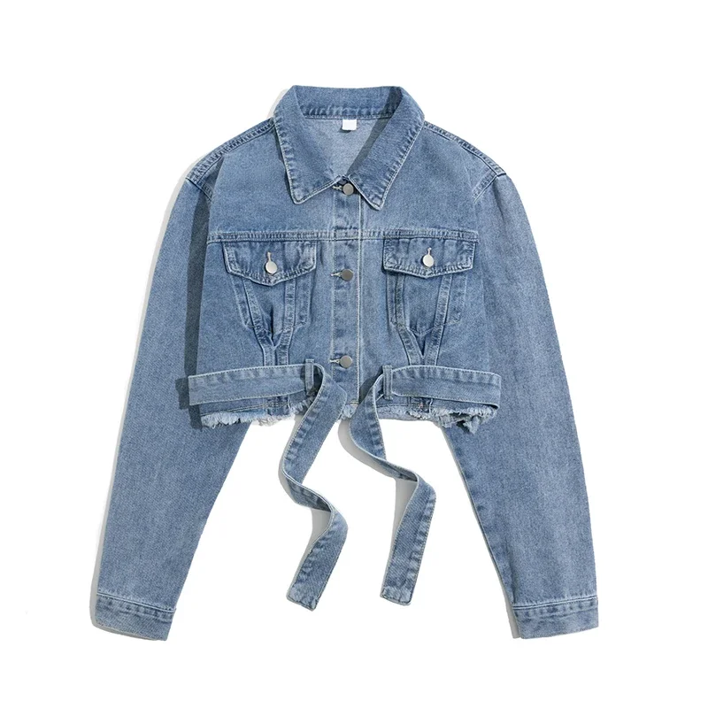 Short Denim Jacket Women's 2024 Autumn New Single-Breasted Motorcycle Baseball Uniform Jean Coat Belt Street Denim Jacket Female