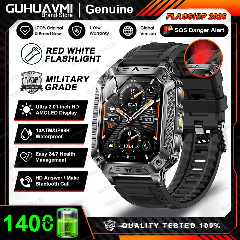 2026 Nieuwe Ingebouwde 1400mAh Supergrote Batterij Heren Smartwatch Outdoor GPS 2.01" AMOLED Scherm 10ATM Waterdicht BT Oproep Smartwatch