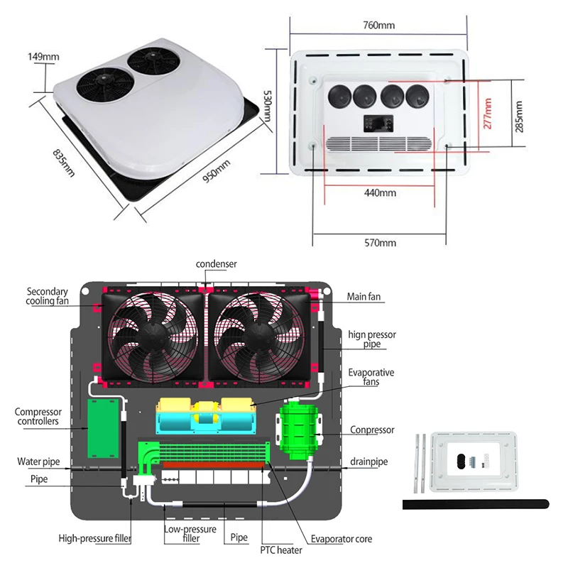مبرد المقصورة الكهربائية على السطح 12 فولت 24 فولت نظام تيار متردد 24 فولت مكيف هواء سقف وقوف السيارات للشاحنات #6