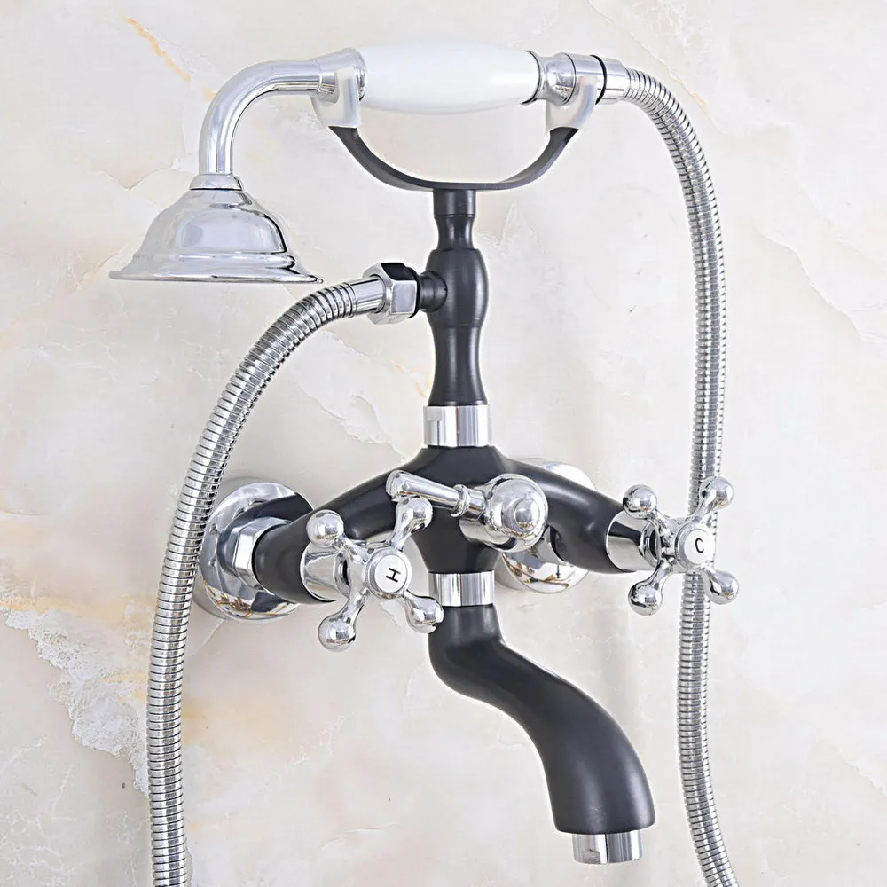 

Chrome & Black Oil Rubbed Brass Wall Mount Bathroom Tub Faucet Set WITH/ 1.5M Handheld Shower Spray Head Mixer Tap Dna601