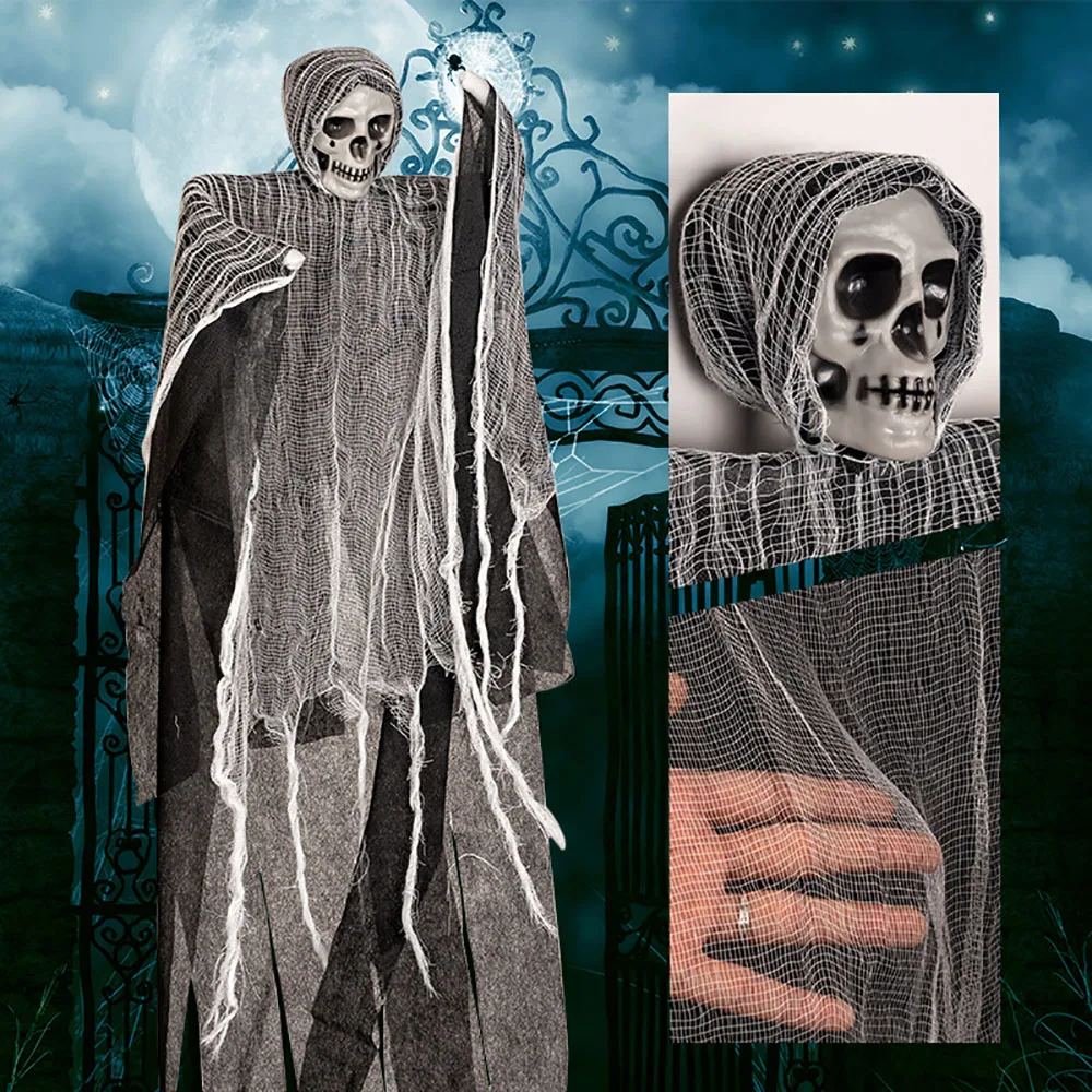 Halloween-Dekoration, Skelett-Anhänger, hängende Geister-Schädel-Gaze, Spukhaus-Außendekoration, Horror-Requisiten – Detail 4