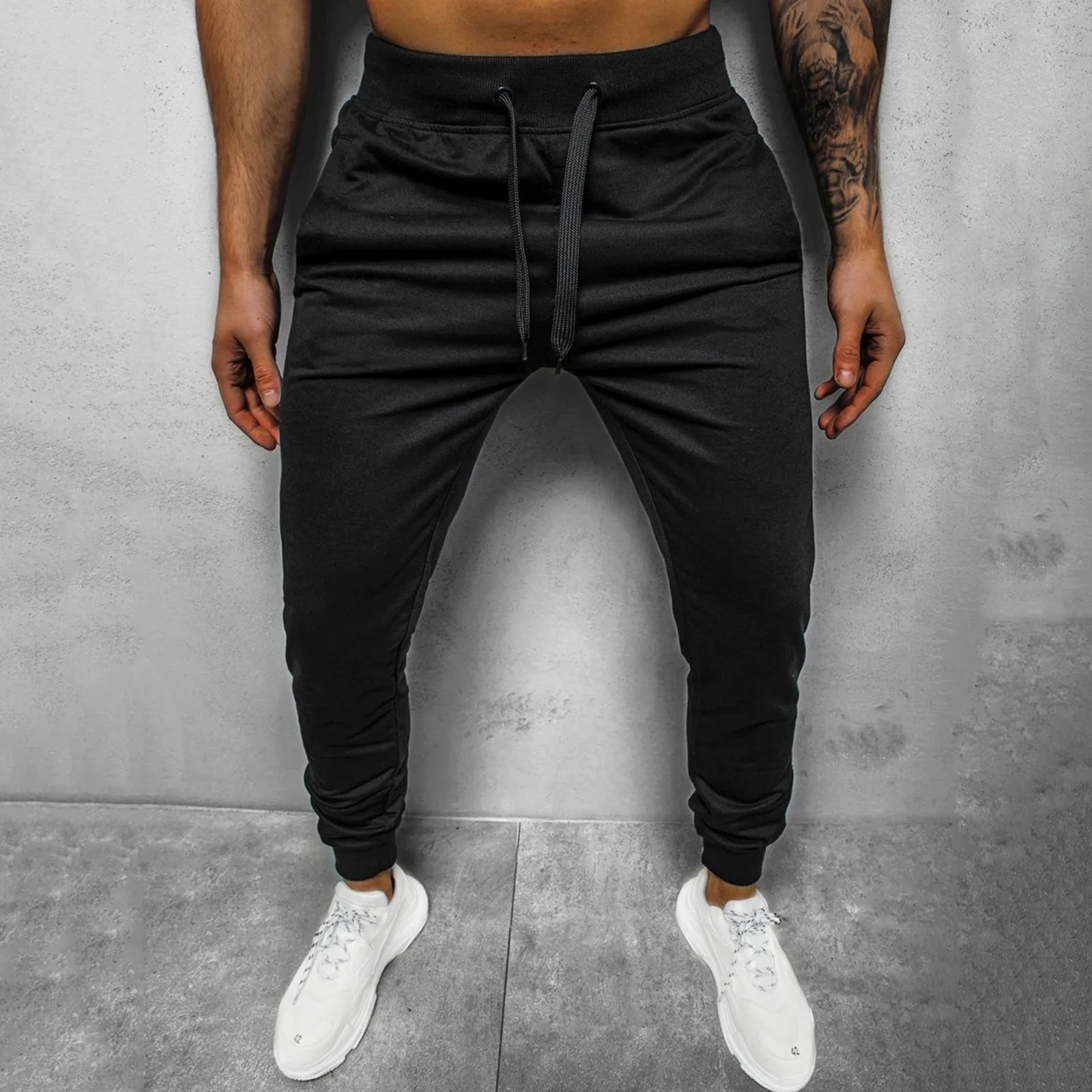 Men's Hiphop Pants Comfy Solid Color Lace-up Track Cuff Workout Pants with Pocket Casual Pants for Men