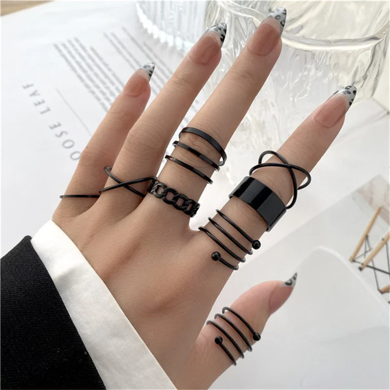 16Pcs/set Punk Finger Rings Minimalist Smooth Gold Color Black Geometric Metal Rings for Women Girls 2022 Trendy Party Jewelry