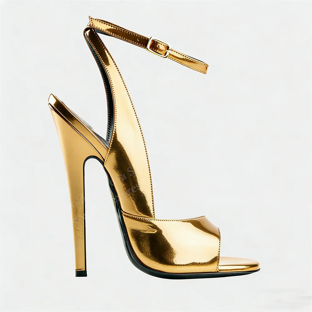 

Женские босоножки на высоком каблуке 16 см из золотистой лакированной кожи, с открытым носком, на шпильке, с ремешком на пятке и пряжкой, большие размеры, возможность индивидуального заказа