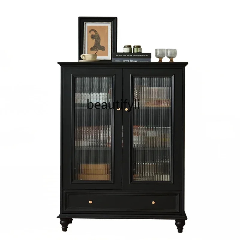 D06 American solid wood dining side cabinet light luxury modern simple black retro locker against the wall porch wine cabinet