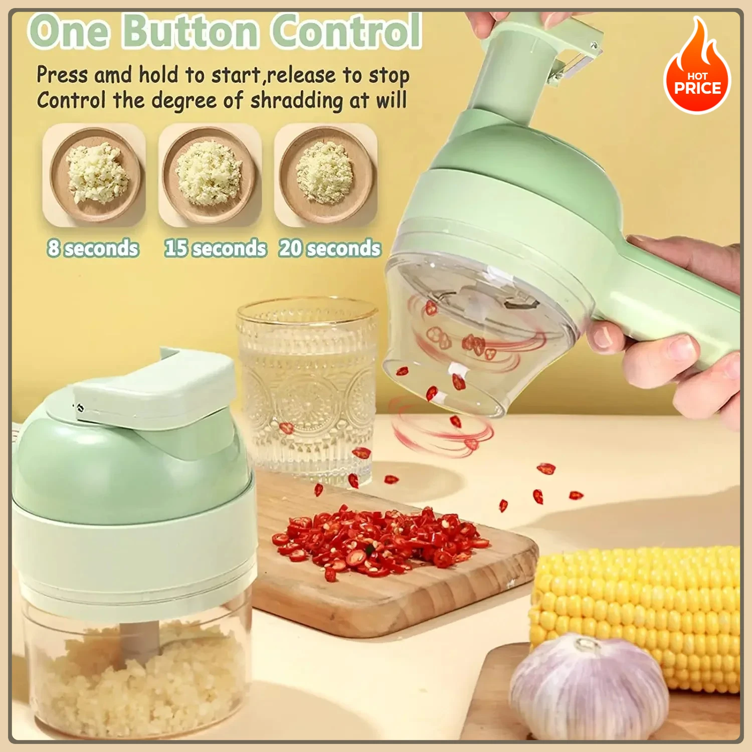 Picadora de carne, picadora de ajo eléctrica inalámbrica de mano, picadora de alimentos, juego de cortador de verduras eléctrico 4 en 1