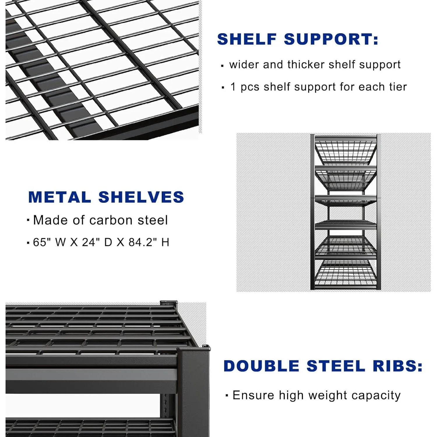 Étagère de garage robuste de 65 po de largeur, étagères de garage à 6 niveaux, étagère de rangement réglable, étagère commerciale en métal