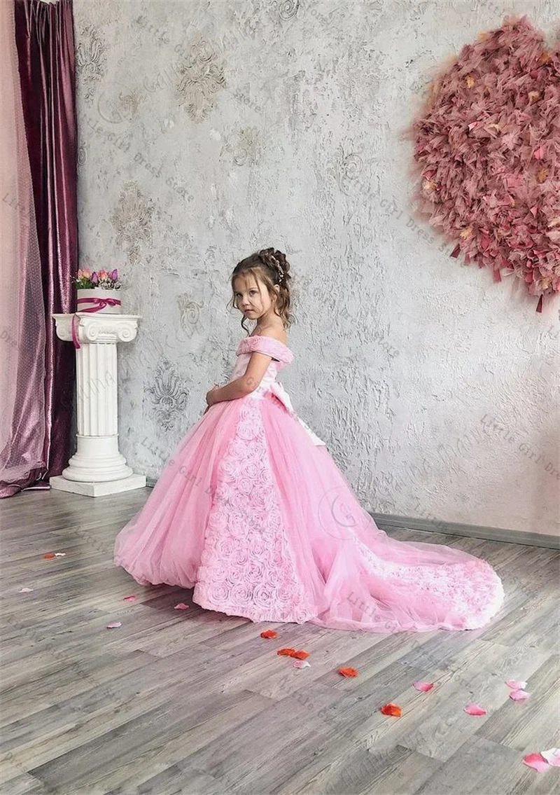 

Pink Lace Princess Flower Girl Dress Sexy Off Shoulder Wedding Gown Kids Birthday Party Pageant Ball Gown Dresses Costumes