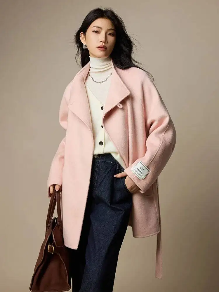 

Wool Cashmere Blended Cardigan,Woman Stand Collar Coat With Belt,Double-Side Woolen,2025 Autumn Winter