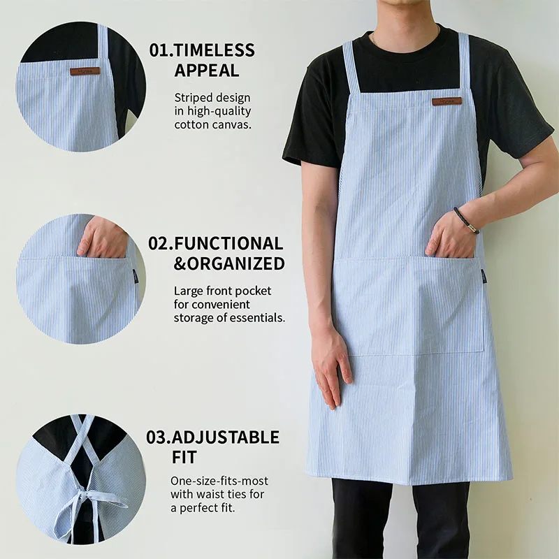 Japanese Cotton Canvas Blue Striped Kitchen Apron for Men Women Stain-resistant Cross-back Baking Cooking Pinafore with Pockets