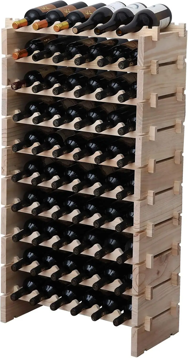 

Stackable Wooden Wine Rack for 60 Bottles, Natural Finish - Solid Wood Storage Cabinet