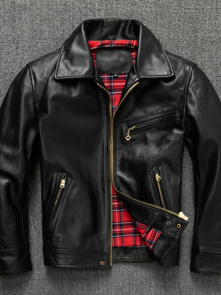 Mens Slim Fit 100% Horsehide Genuine Leather Jacket Lapel Collar Zipper Windproof Moto Biker Riding Coat Autumn Winter Outerwear view 2