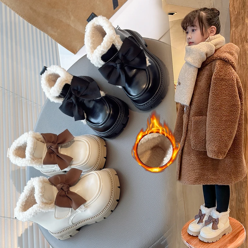 Girls Fashion Boots 2-18 Years Old Beige Bow Bow Padded Thickened Kids Leather Shoes Hundred Children's Baby Short Girls Boots