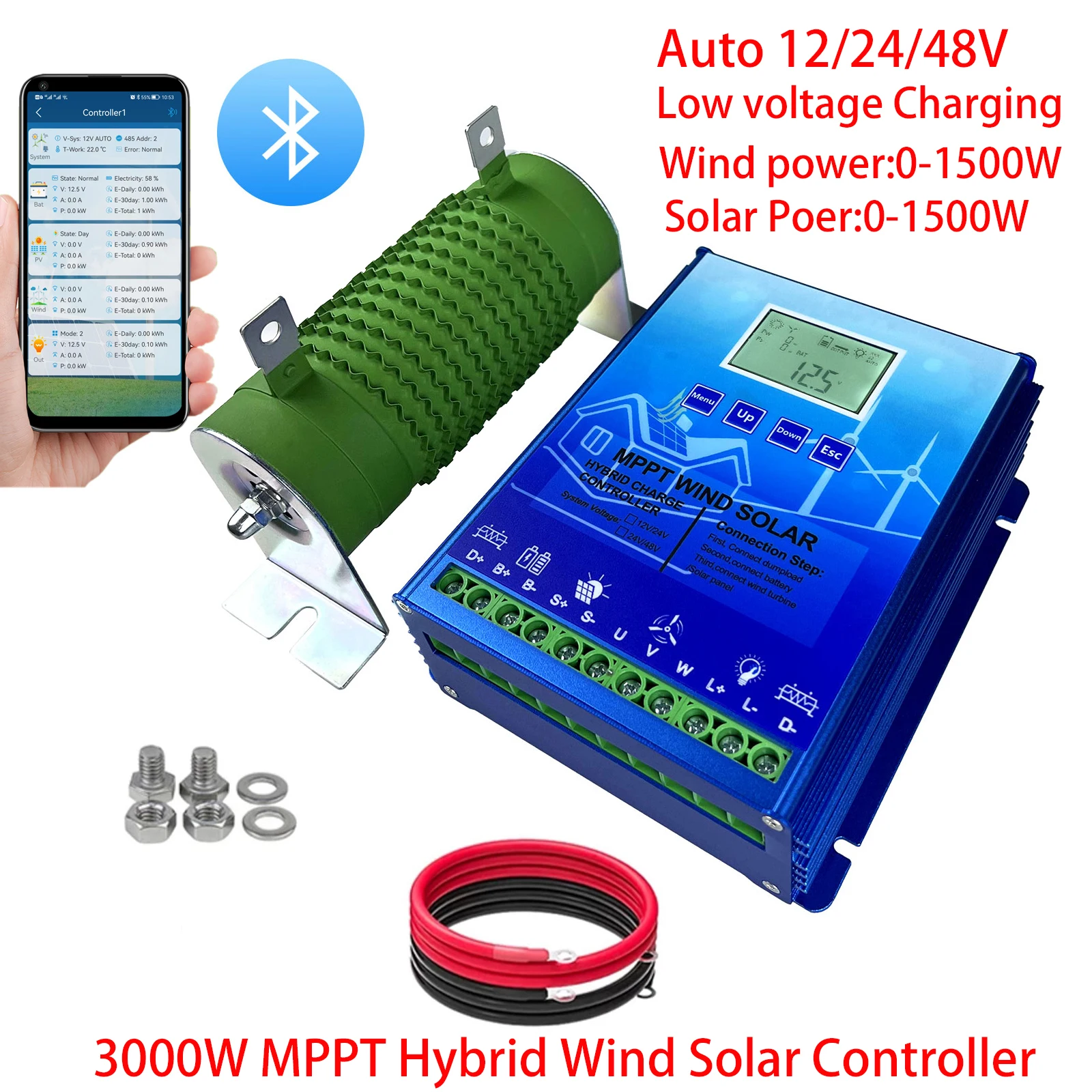 

3000W 12V 24V 48V MPPT Hybrid Wind Solar Charge Controller Wind Turbine Solar panel Regulator WIFI For Lifepo4 Lithium GEL