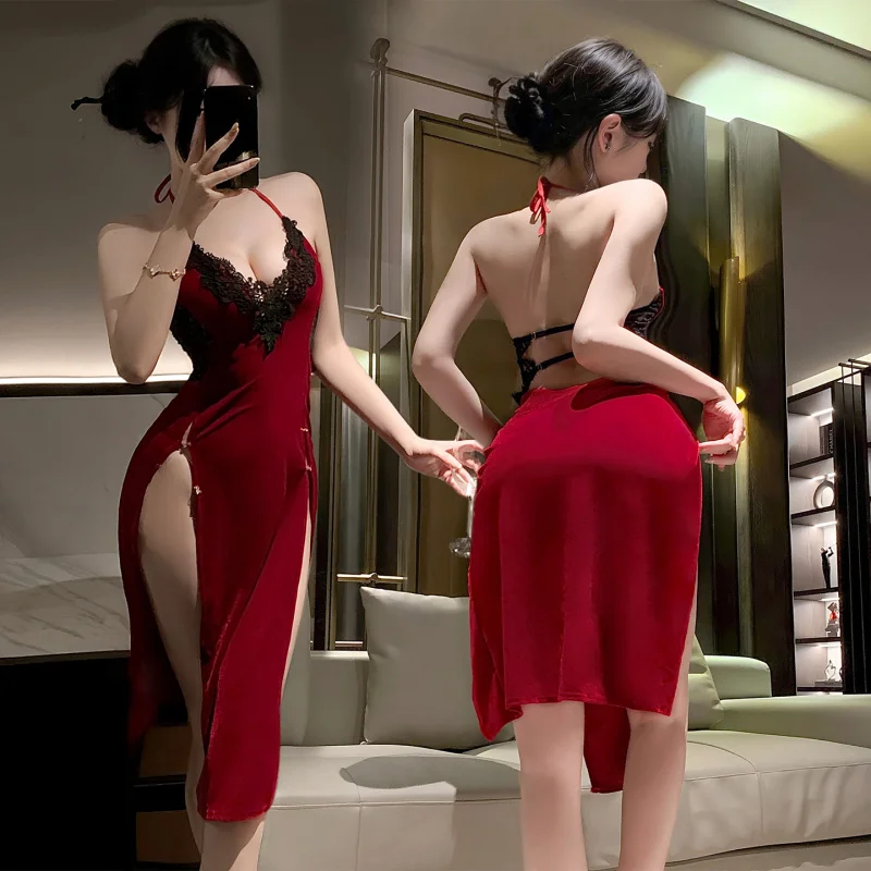 

Velvet deep v cheongsam pajamas, temptation erotic suits, hot underwear, sexy clothes, sexy suits, adult products