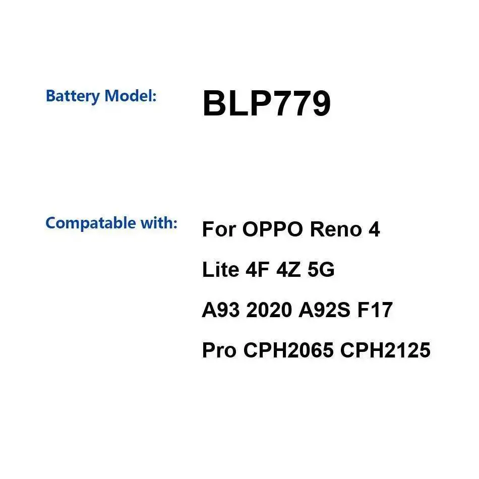 

BLP779 Экологически чистый аккумулятор для мобильного телефона емкостью 4000 мАч для Oppo Reno 4 Lite 4F 4Z 5G A93 2020 A92S F17 Pro CPH2065 CPH2125