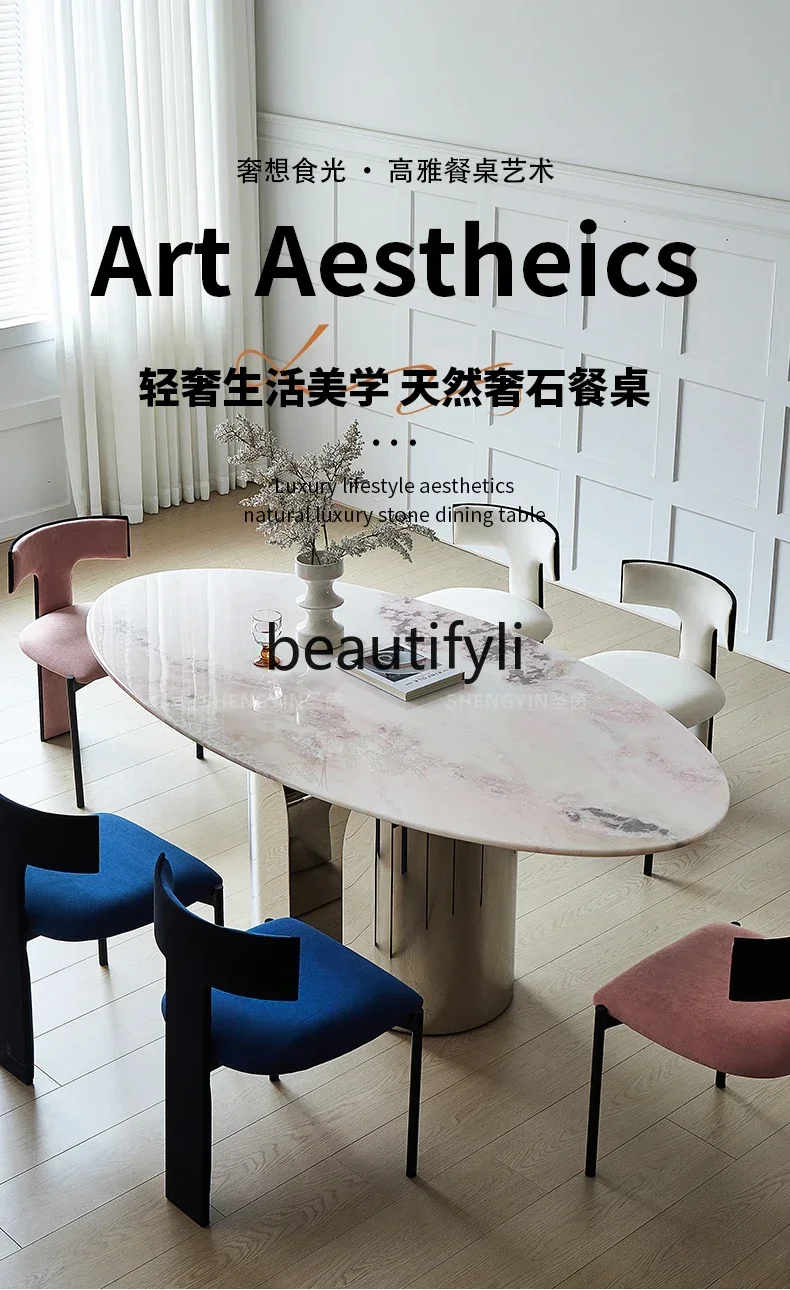 A32 Pink Diamond Luxury Stone Dining Table Translucent French Style Pure Natural Marble Oval Dining Table