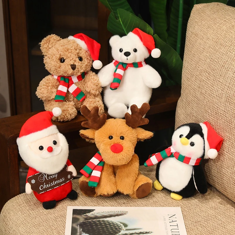 

Cute Christmas Animal Series Plush Toy Sruffed Bear Elk Santa Claus Scarf Polar Bear with Scarf Soft Doll Kid Toy Xmas Gift