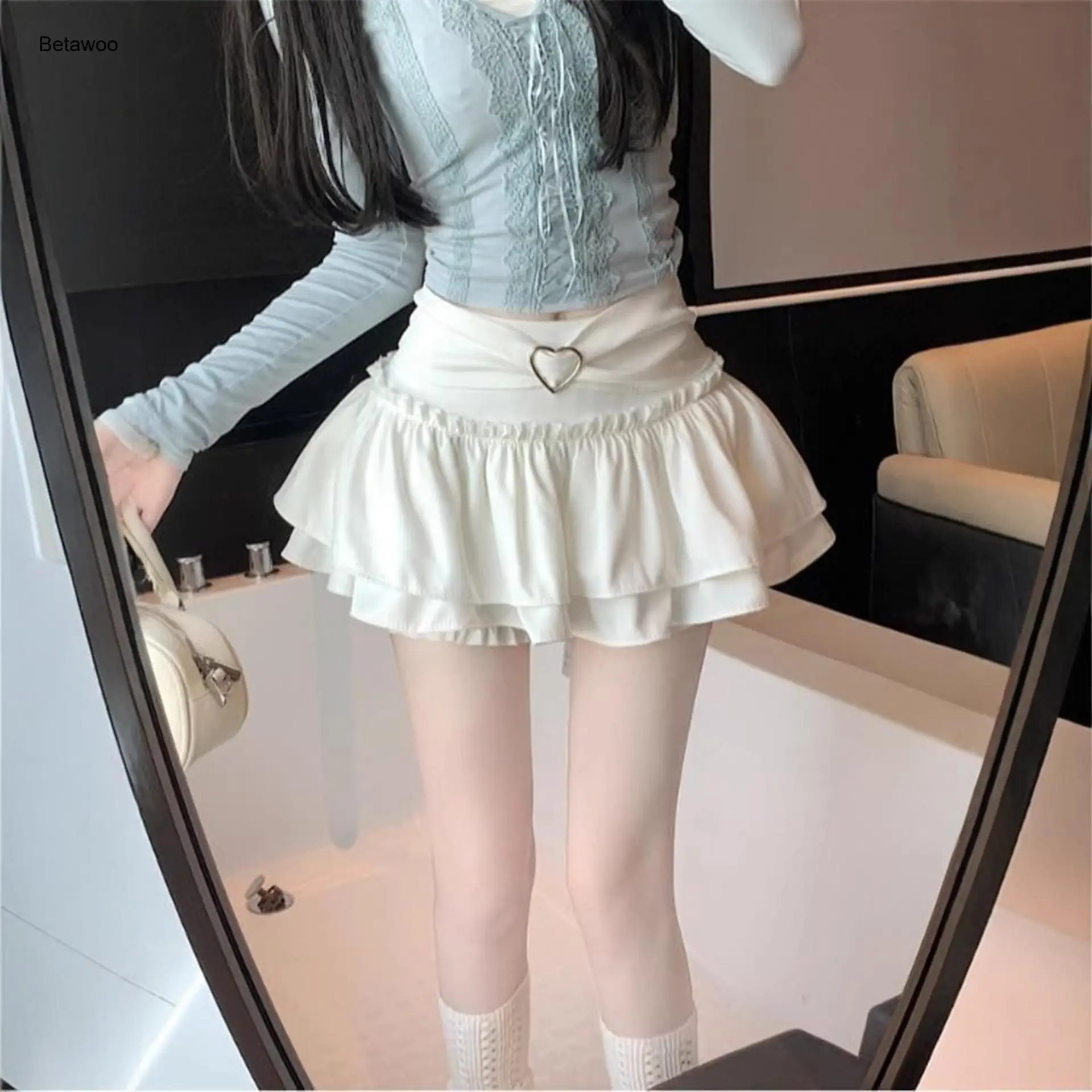 Women White Ruffled Tiered Skort High Waist with Heart Buckle Casual Sweet Lolita Style Mini Skirt