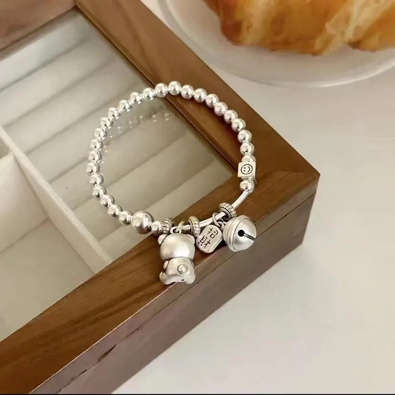 New Style Sweet Bear Animal & Lucky Bell Thai Silver Female Charm Bracelet Jewelry  For Women Birthday Gifts