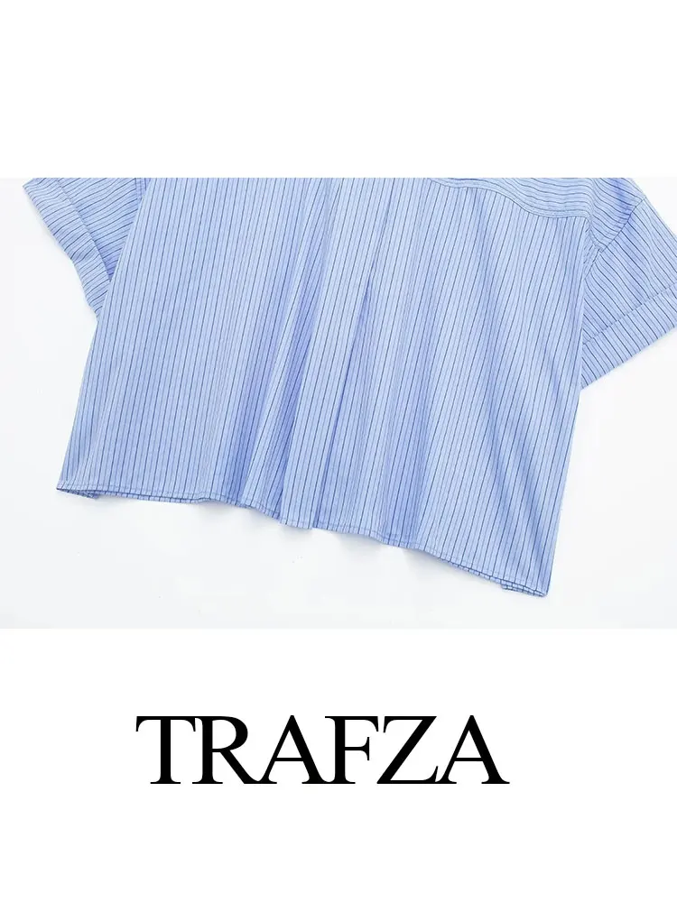 TRAFZA Women\'s Summer Clothing Chic Blue Stripe Lapel Single Breasted Button Up Women\'s Short Sleeve Shirt Commuting Office Top