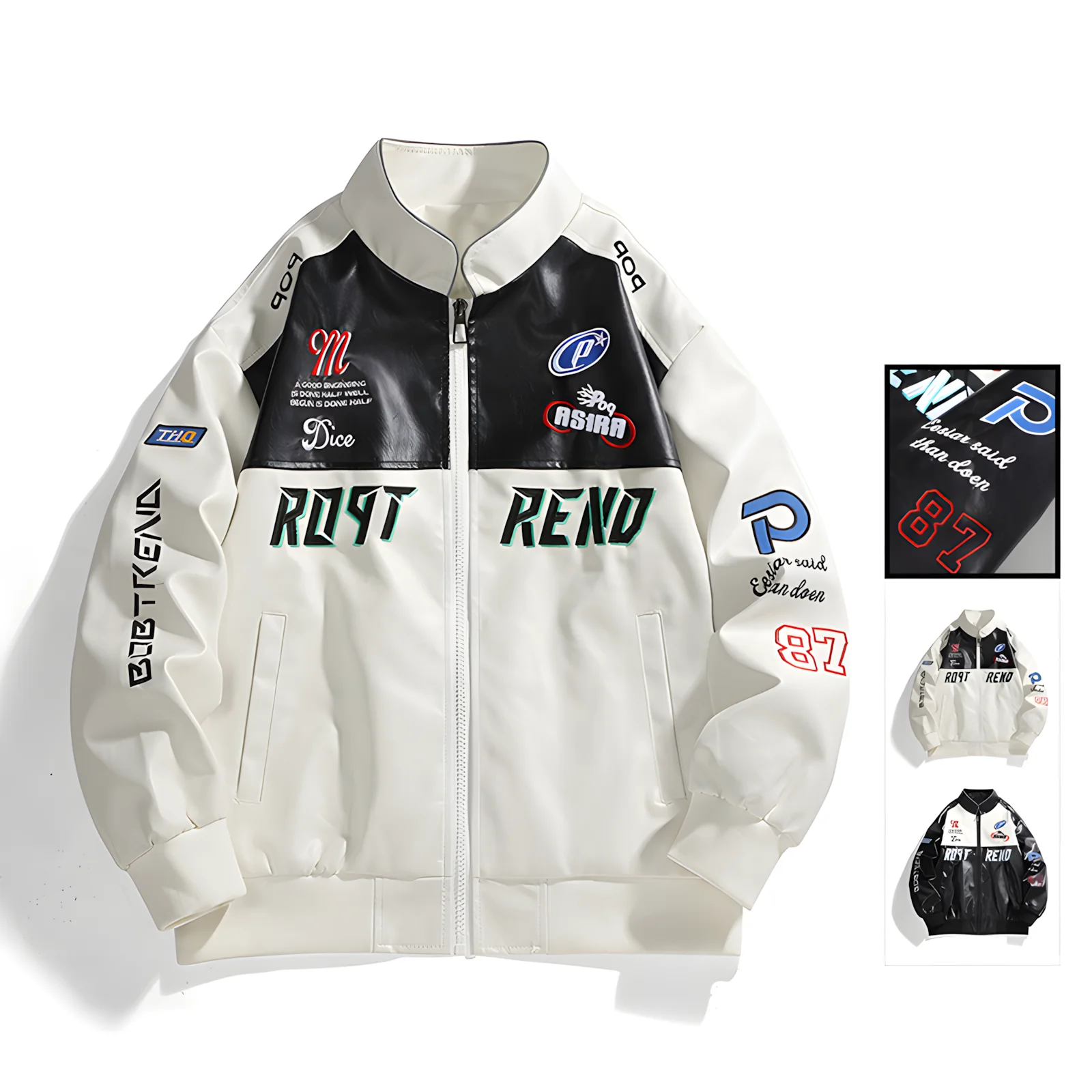 Men's retro racing style PU leather jacket Color blocking patchwork badge pattern stand up collar loose fit Motorcycle Street