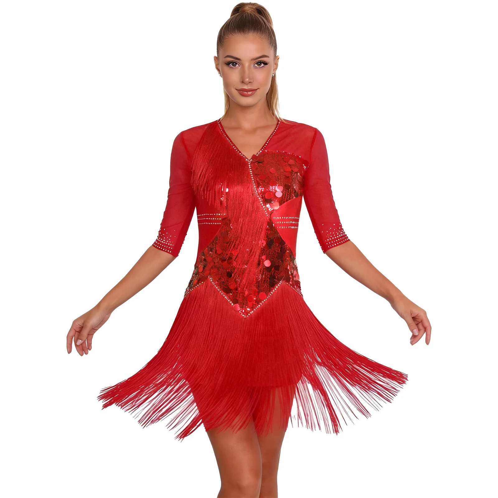 Damska sukienka do tańca latynoamerykańskiego cha-cha, baletowa, z dżerseju, z dżetami, warstwowa, z frędzlami, z rękawami do połowy ramienia, błyszcząca, z cekinami, strój do tańca tango i salsy.