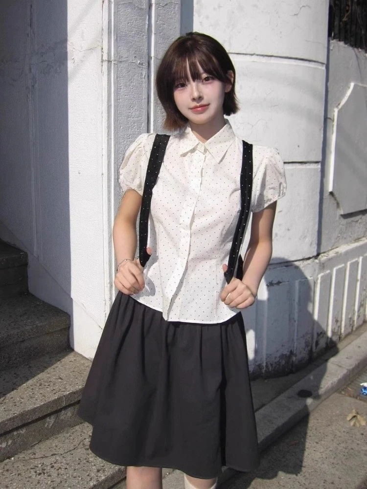 

Deeptown Kawaii Polka Dot Women Blouses Vintage Puff Sleeve Shirts Korean Japanese Preppy Style Shirts Sweet Cute Summer Tops