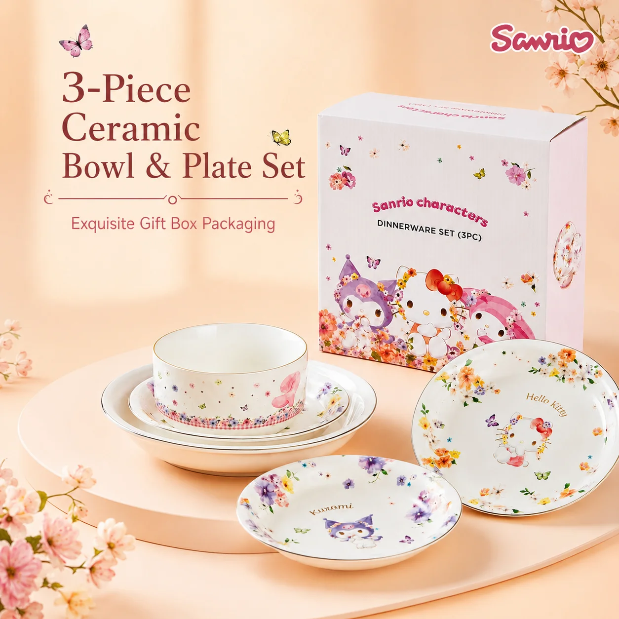 

Anime Sanrio Hello Kitty Cartoon Ceramic Dishes Tableware Three Piece Set Suit Kitchen Decor Gift Fashion Exquisite Good So Cute