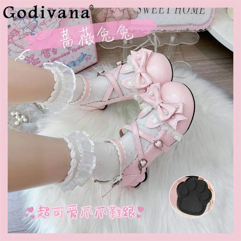 

2026 New Lolita High Heels Japanese Original Sweet and Cute Bow Round Head Thick Heel Mary Jane Women's Single Shoes