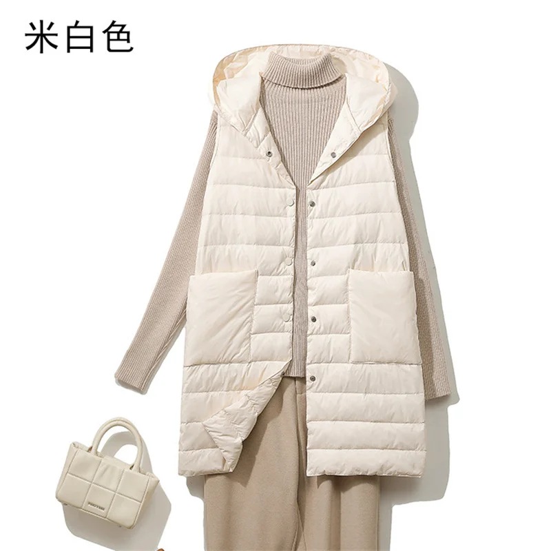 

Autumn Winter Women Hooded Down Waistcoat Jacket Ultra Light White Duck Down Vest Coat Lady Sleeveless Midi Long Warm Tank Parka