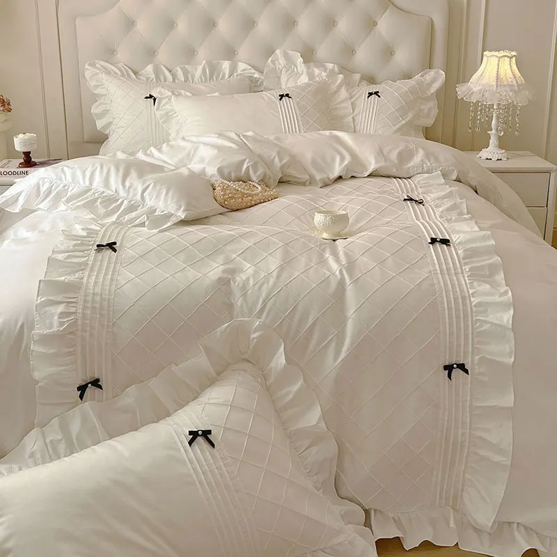 White Pink Yellow Princess Wedding Bedding Set Black Bow Ruffles Duvet Cover Set Bed Skirt Pillowcases 100% Cotton Home Textiles