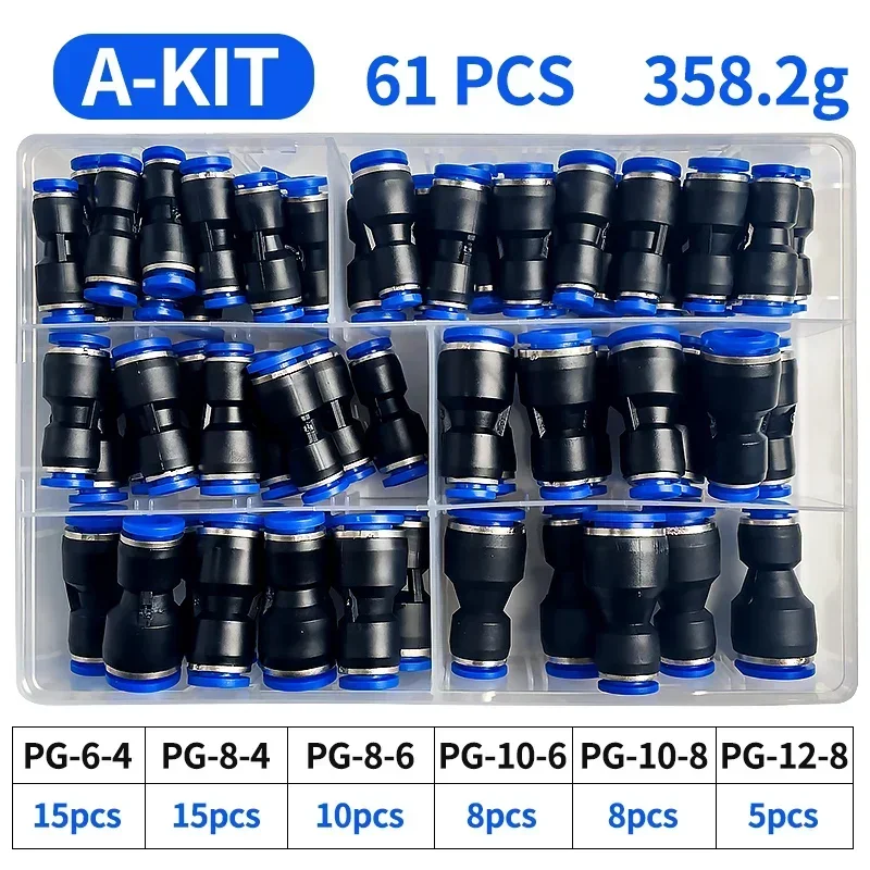 Boxed 61PCs PG 4mm 6mm 8mm 10mm 12mm Pneumatic Fitting PG8-6 PG10-8 PG6-4 PG8-4 PG10-6 PG12-6 PG12-8 Air Pipe Connectors