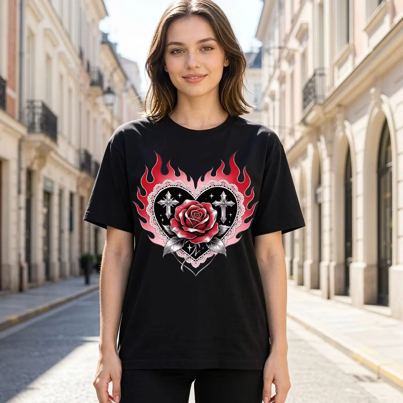 Flame Heart Rose Cross Graphic T-Shirt, Gothic Lace Y2K Dark Aesthetic Vintage Tattoo Short Sleeve Tee