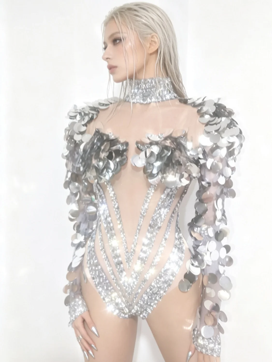 Sparkly Rhinestone Mesh Bodysuit Crystal Large Circular Silver Sequin Fringe Long Sleeve Dance Stage Performance Wear Shuiyue