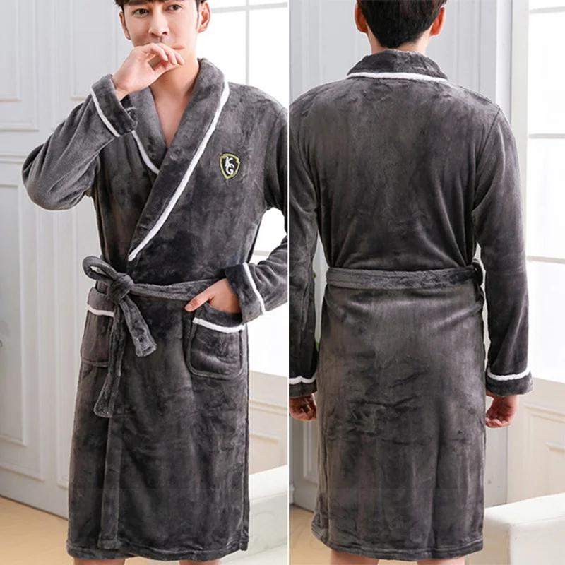 Autumn Winter Thick Flannel Men Robe Kimono Bathrobe Gown Coral Fleece Sleepwear Home Clothes Plus Size Nightwear Lounge Wear