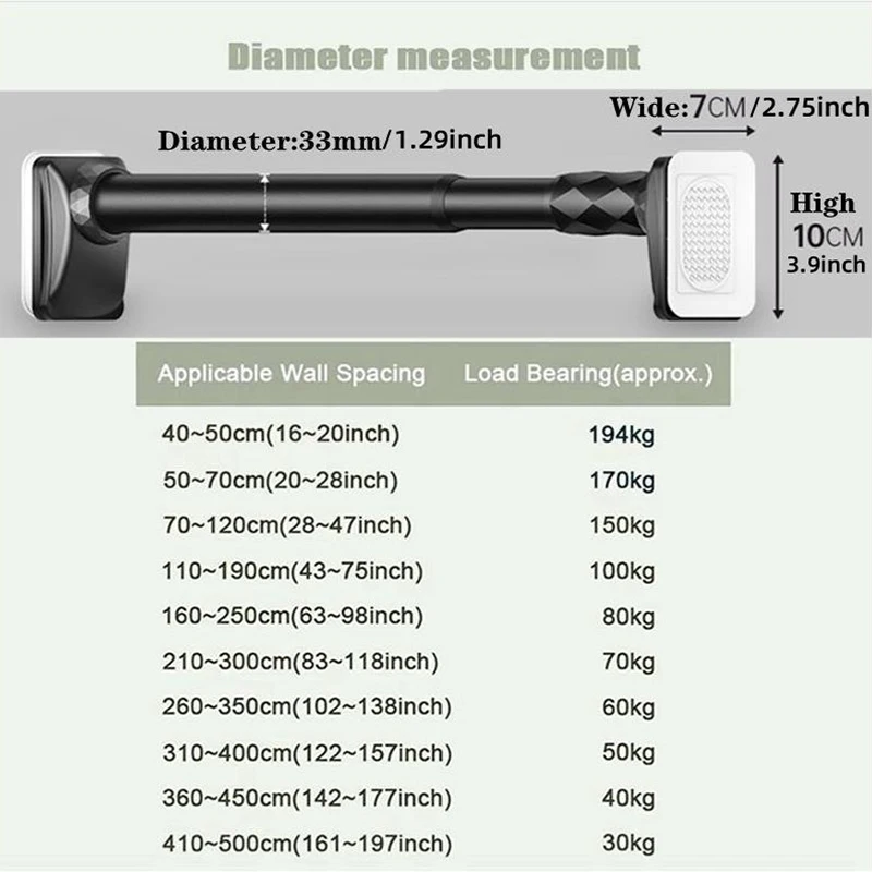 قضيب ستارة دش تلسكوبي، قضيب ستارة توتر بدون مثقاب، قابل للتمديد من 40 سم - 500 سم، قضيب توتر عمود الدش بقطر 33 مم