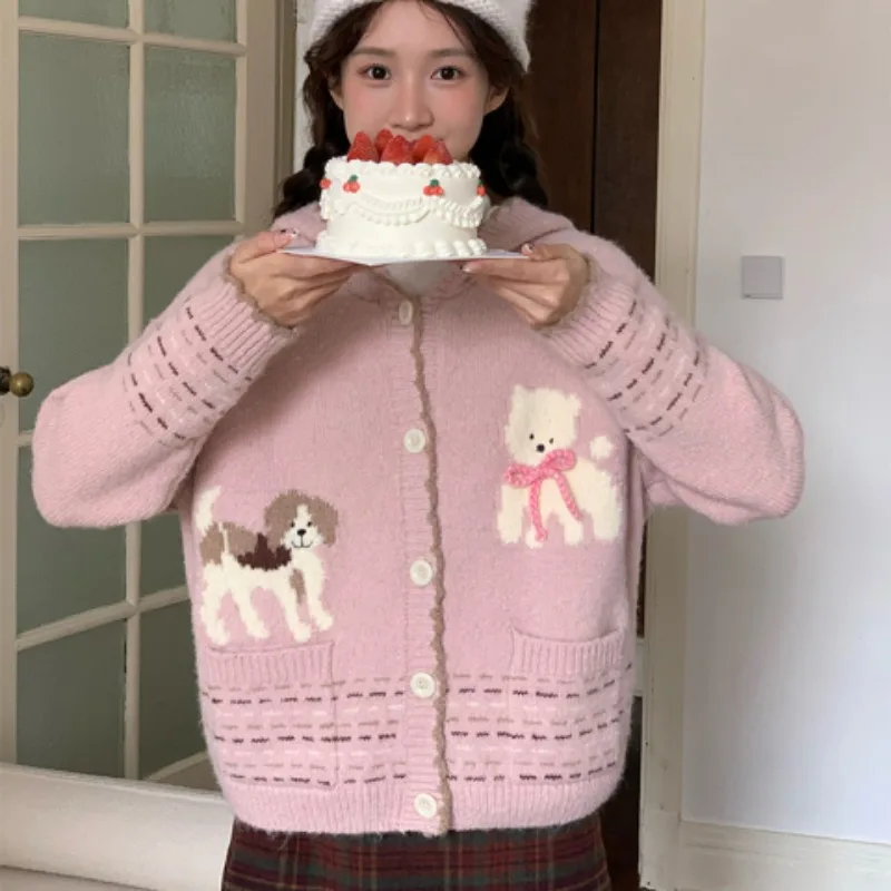 Kawaii Pink Puppy Hooded Sweet Knitted Cardigan Women Autumn Korea Style Knitwear Fashion Loose Single Breasted Top Sweater Coat