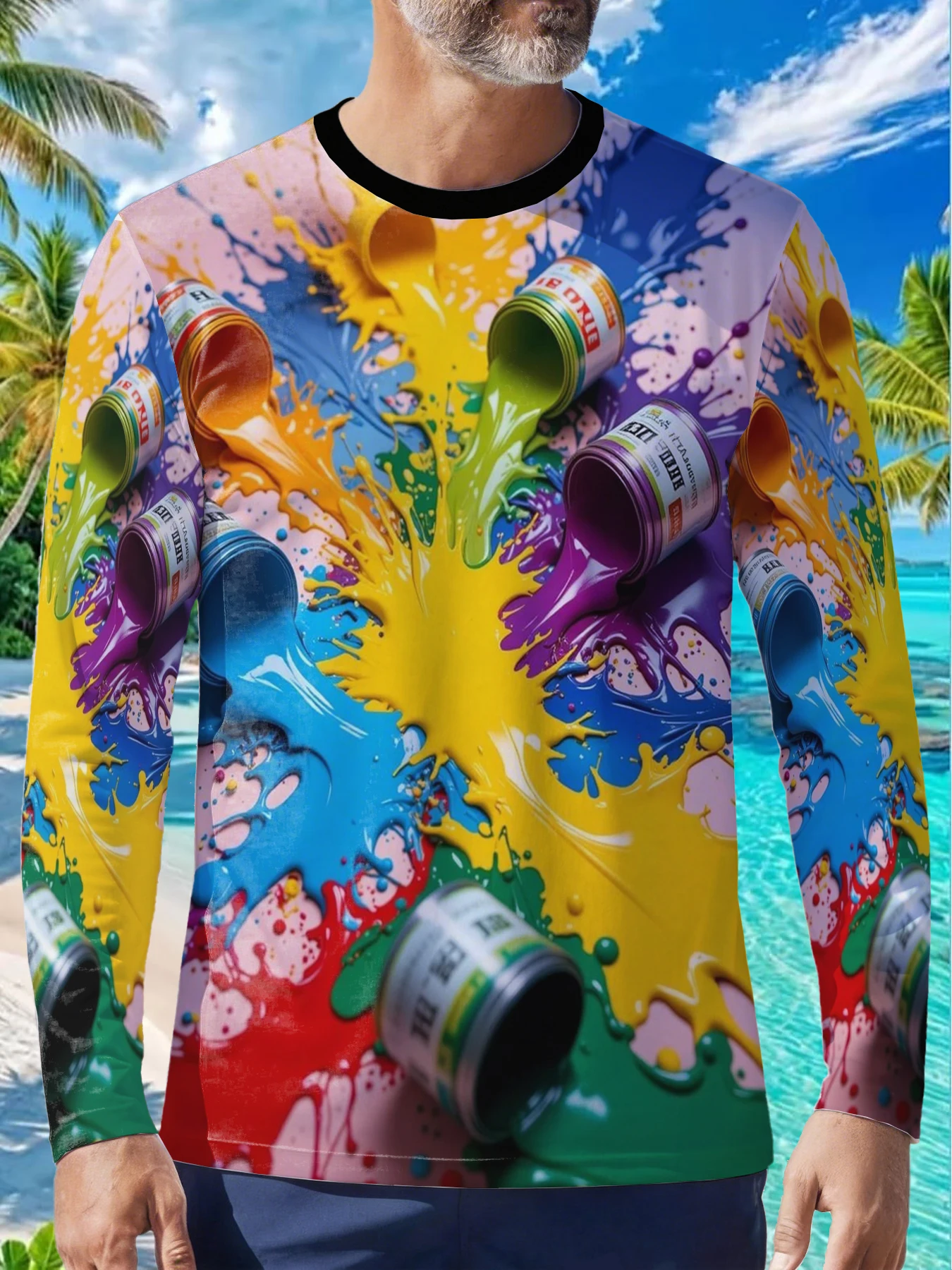 Colorful Paint Splash Graffiti Art Mens Polyester Long Sleeve T Shirt Vibrant Multicolor Ink Splatter Print Graphic Tee Casual S