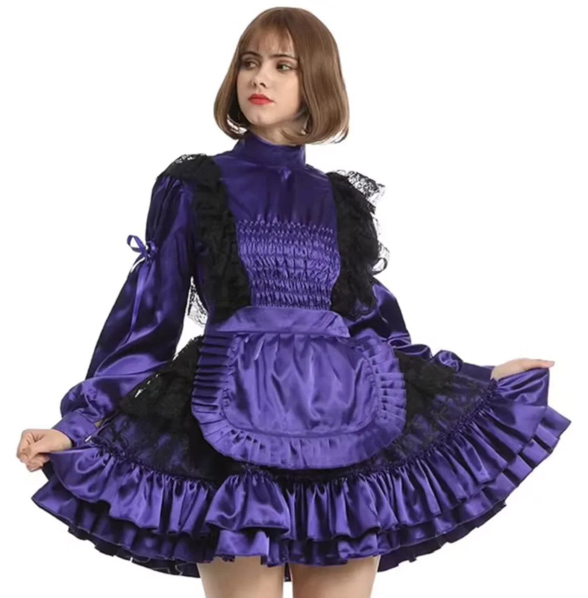 

French Sexy Adult Customized Fetishism Crossdressing Sissy Chest Fold Elastic Waist Long Sleeve Fluffy Tulle Dress
