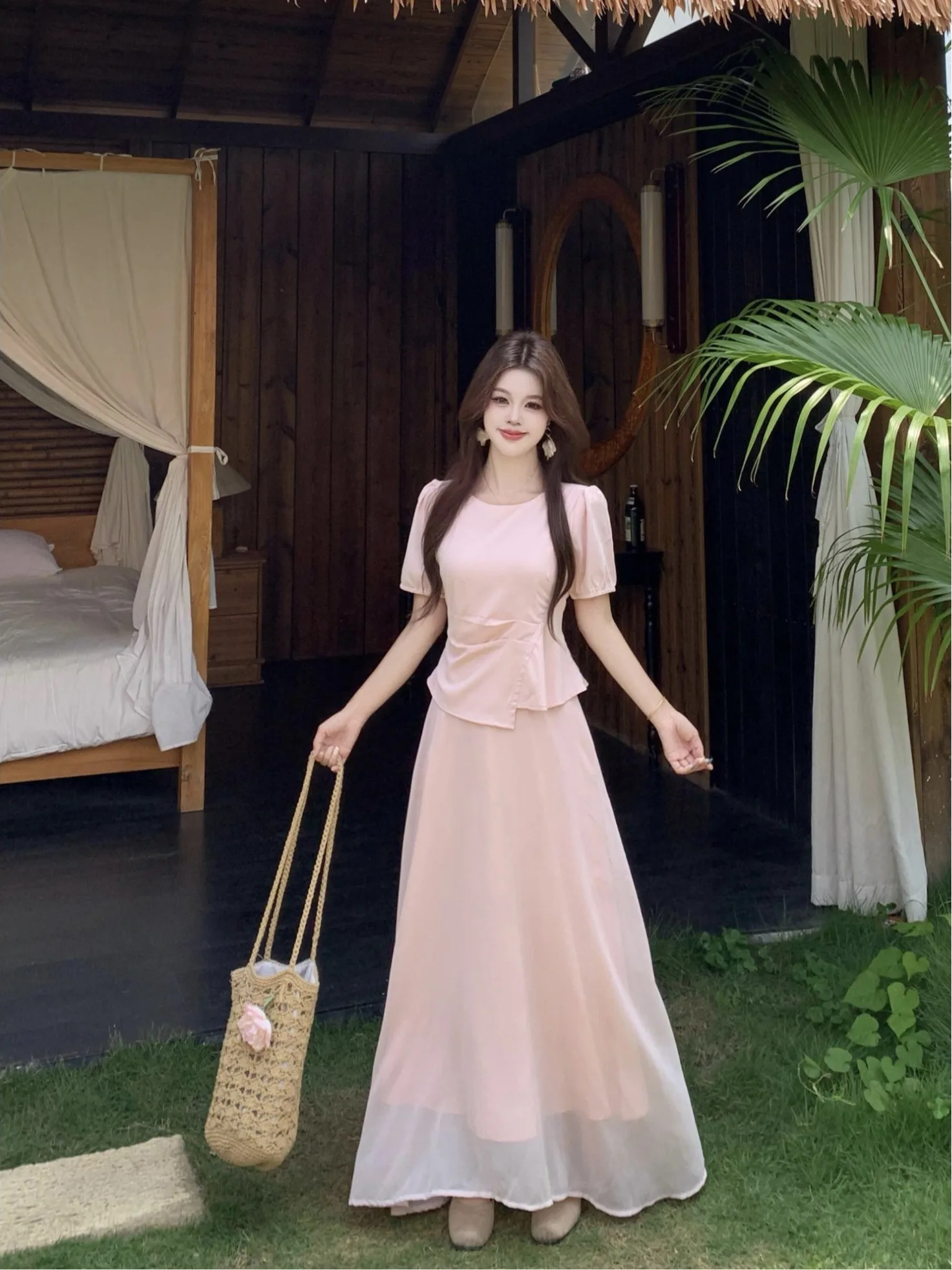 

plus Size Korean Style Short Sleeve Long Dress Slimming Waist Design Summer New Gentle Wind Dress Commute Style Loose Fit a L...