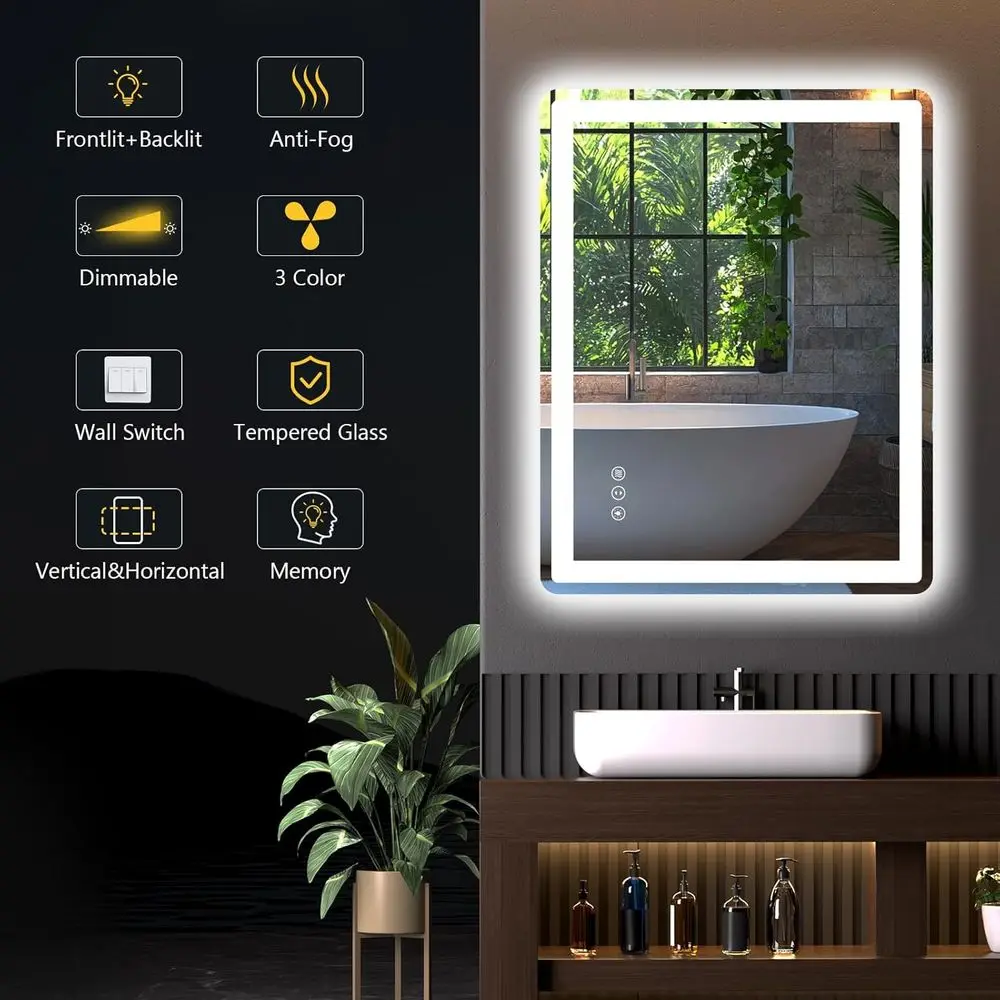 Miroir de salle de bain éclairé par LED 24x32 avec antibuée, lumière variable et verre trempé