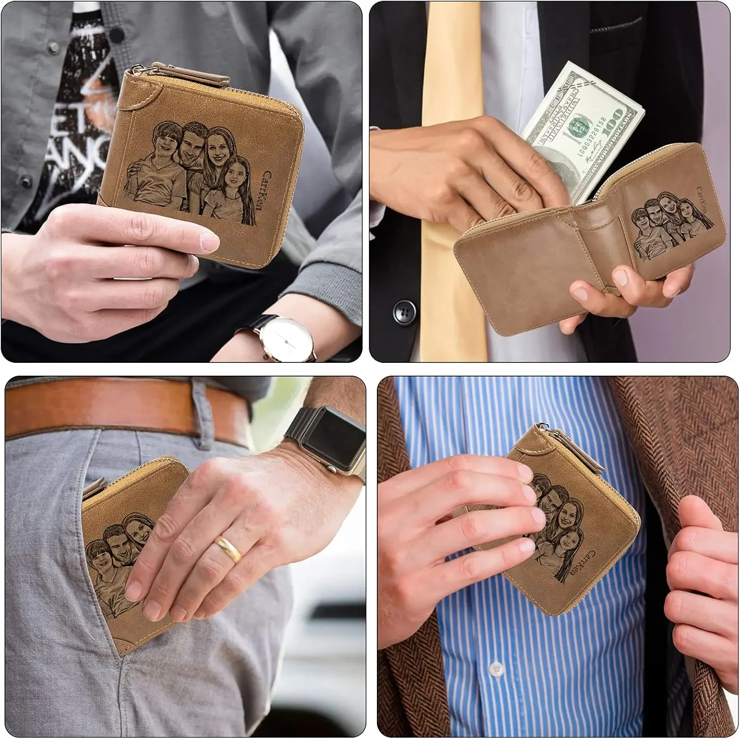 Portafoglio di lusso con immagine bifold con cerniera personalizzata incisa Portafoglio personalizzato con foto personalizzata da uomo Portafogli di alta qualità Compleanno per la festa del papà