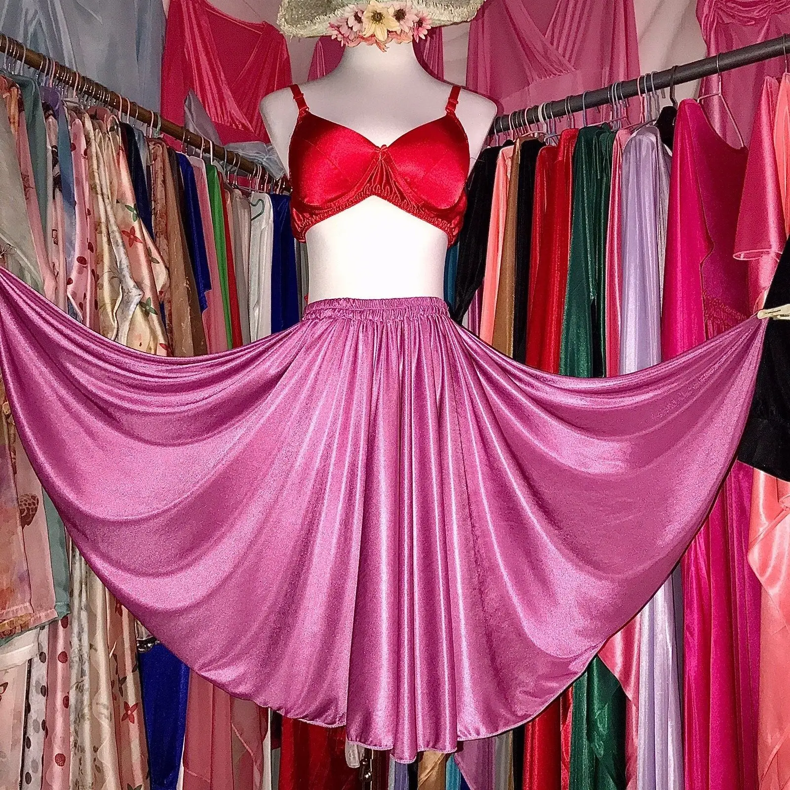 Length50-55cm الصيف الحرير الحرير مثير المرأة عالية الخصر ميدي تنورة لامعة قيعان فضفاضة #5