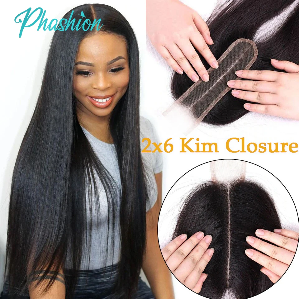 Phashion Kim K 2x6 Swiss Transparent Lace Closure Straight Body Wave Deep Parting Brazilian Remy Human Hair For Black Women