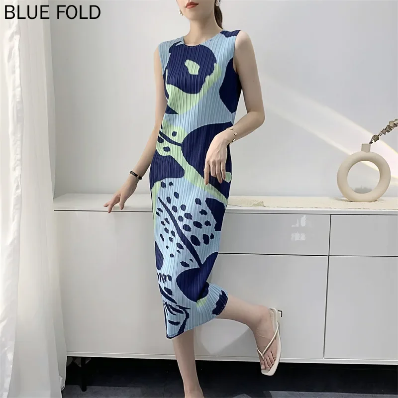 Miyake Pleated Dress Women's  Summer New Digital Printing Vest Pleats Long Dresses Ropa Mujer Korean Dress Vestidos Robe