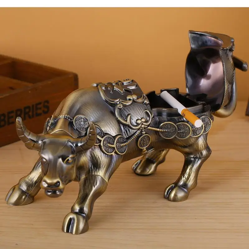 Zinc Alloy Bull Ashtray Home Office Decorative Windproof with Cover Cigar Desktop Storage Box