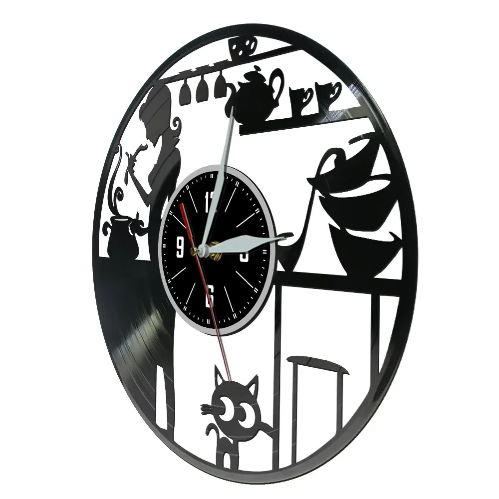 Girl with Cat Vinyl Record Wall Clock Make Coffee Cook Kitchen Room Decor Contemporary Modern Design Watch Gift for Housewife