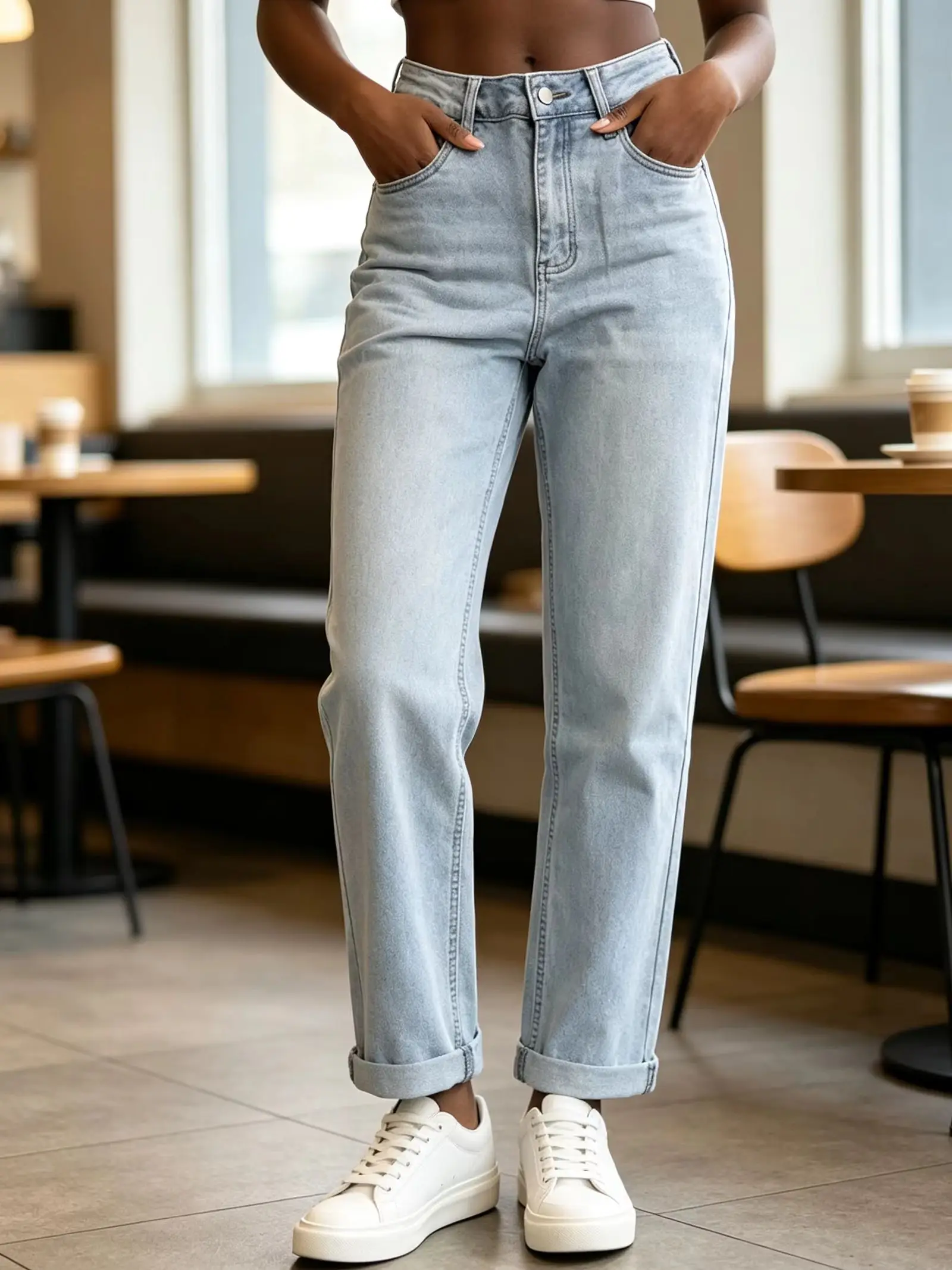 Spring and Autumn Light Blue Washed Denim Straight-Leg Pants for Women High-Waisted Rolled-Edge Wide-Leg Jeans Versatile Slimming Casual Long Pants