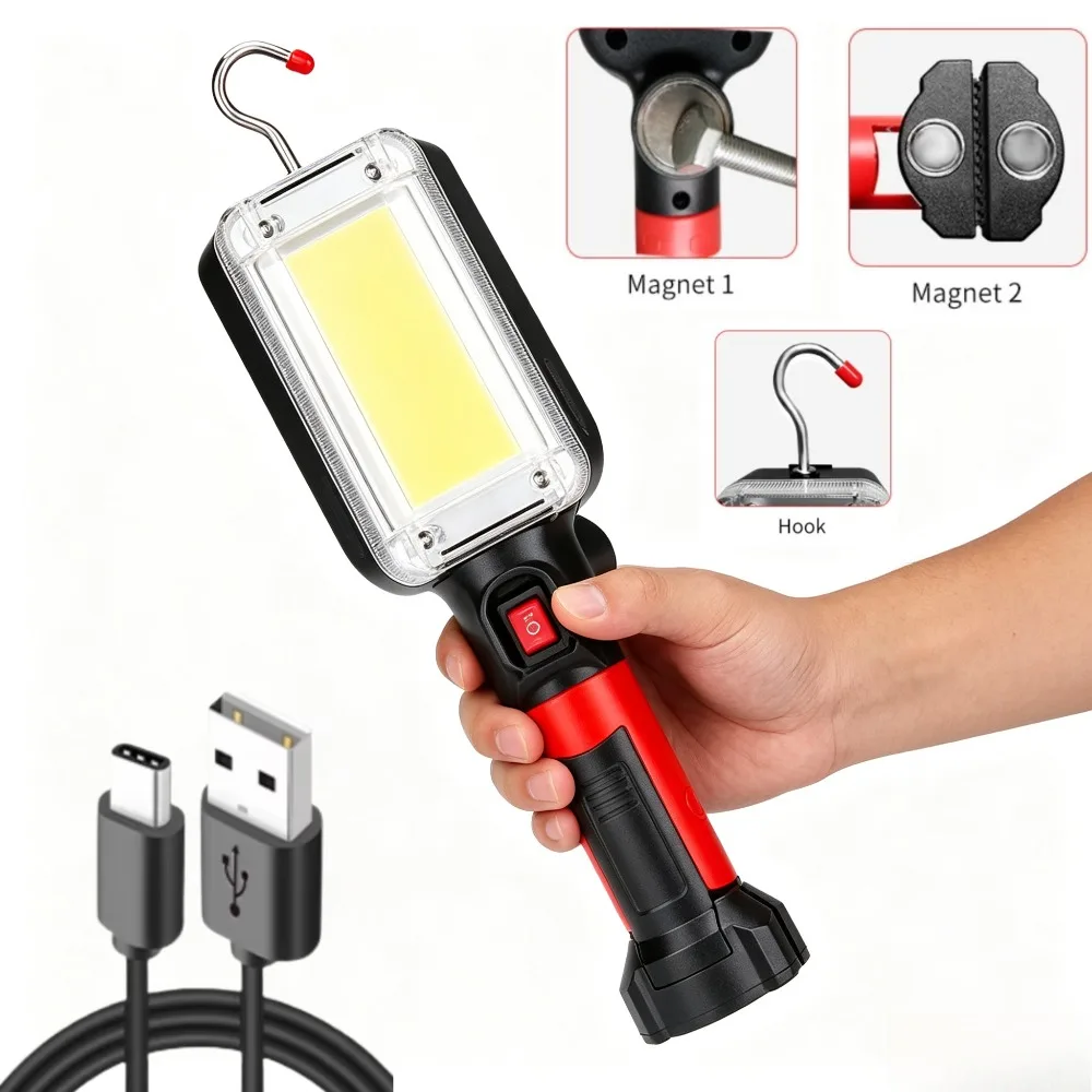 Portable Rechargeable COB LED Inspection Work Light Magnetic Hook 180°Rotatable Torch for Car Repair Workshop Outdoor Emergency